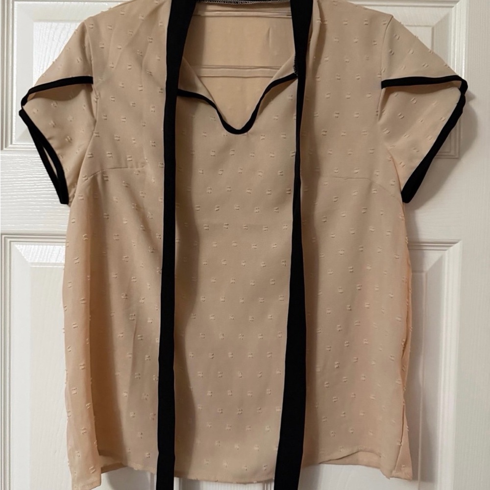 SHEIN Beige Swiss Dot Blouse with Black Tie Neck Size S